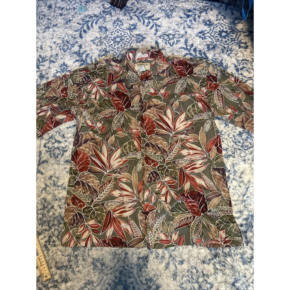 Bamboo Cay Men's Cotton Lawn Hawaiian Shirt Brown Floral Leaves Print XL EUC